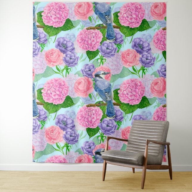 Blue jay and flowers watercolor pattern tapestry (In Situ)