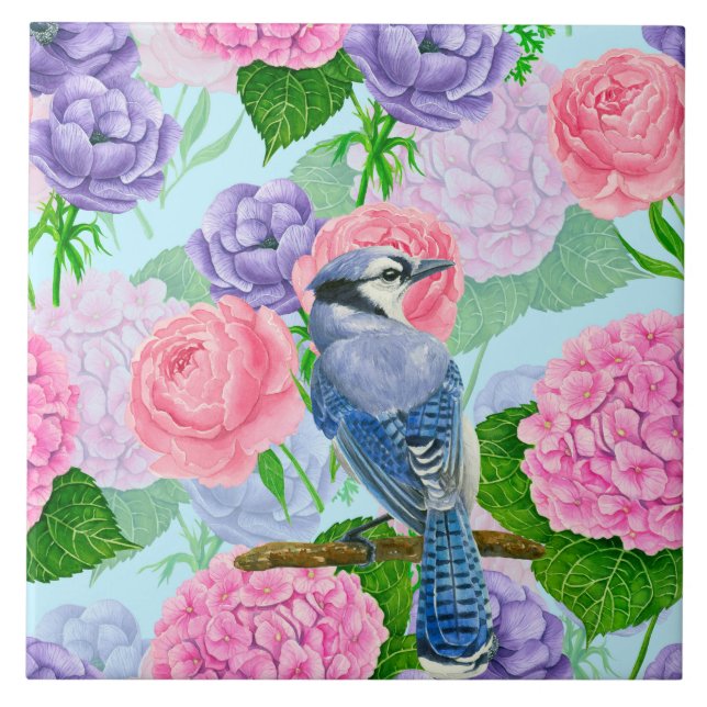 Blue jay and flowers watercolor pattern tile (Front)