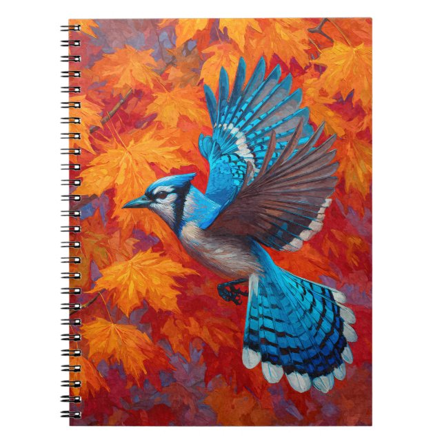 Blue Jay Autumn Maple Leaves Flight Art Notebook (Front)