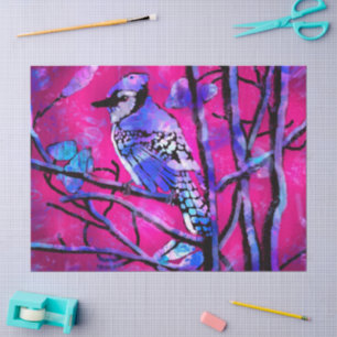 Blue Jay Bird Abstract Art Pink Decoupage Tissue Paper