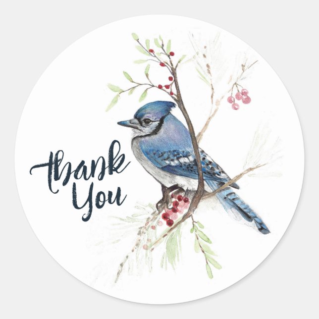 Blue Jay Bird Berries Art Classic Round Sticker (Front)