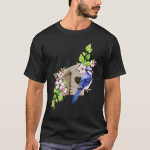 Blue Jay Bird Birdhouse And Pink Blossoms Bird W T-Shirt