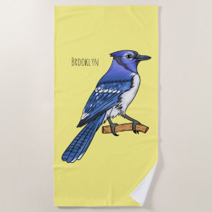 Blue jay bird cartoon illustration beach towel