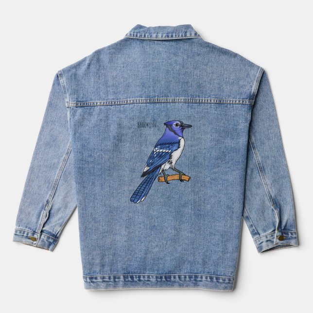 Blue jay bird cartoon illustration denim jacket (Back)