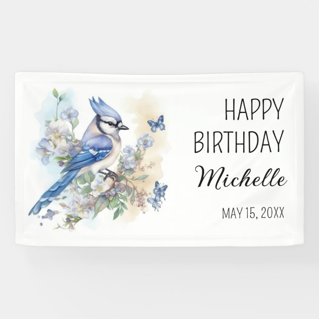 Blue Jay Bird Flowers Springtime Birthday Name Banner (Horizontal)
