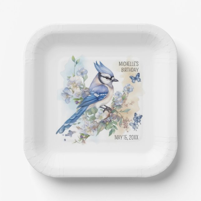 Blue Jay Bird Flowers Springtime Birthday Name Paper Plate (Front)