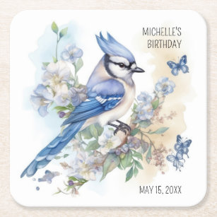 Blue Jay Bird Flowers Springtime Birthday Name Square Paper Coaster