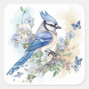 Blue Jay Bird Flowers Springtime Summer Nature Square Sticker