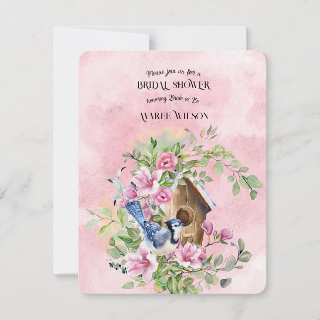 Blue Jay Bird In A Wreath of Flowers Bridal Shower Invitation (Front)