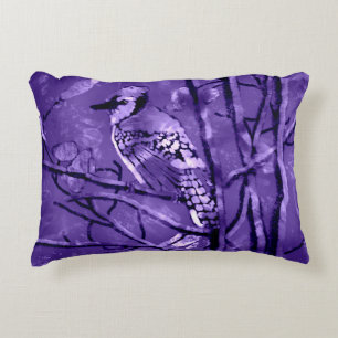 Blue Jay Bird on Tree Branch Abstract Art Purple Accent Pillow