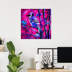 Blue Jay Bird on Tree Branch Pink Abstract Art Poster
