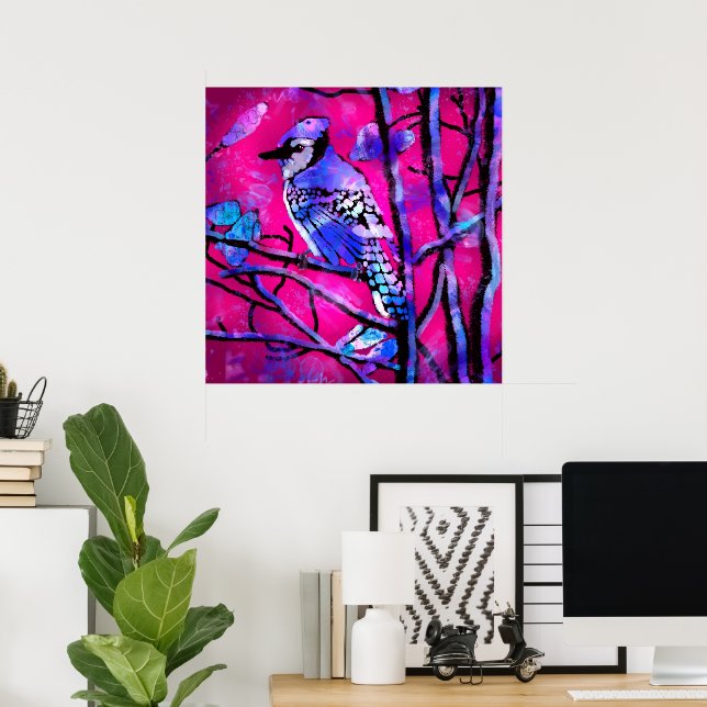 Blue Jay Bird on Tree Branch Pink Abstract Art  Poster (Home Office)