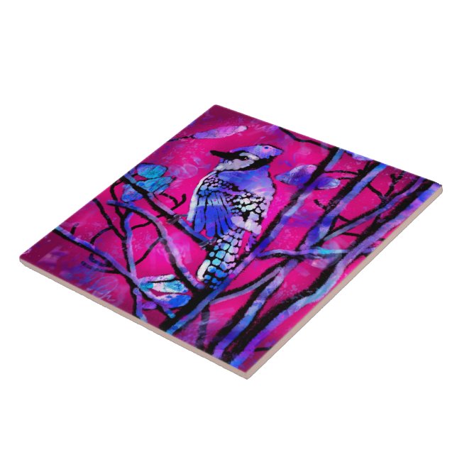 Blue Jay Bird on Tree Branch Pink Abstract Art  Tile (Side)