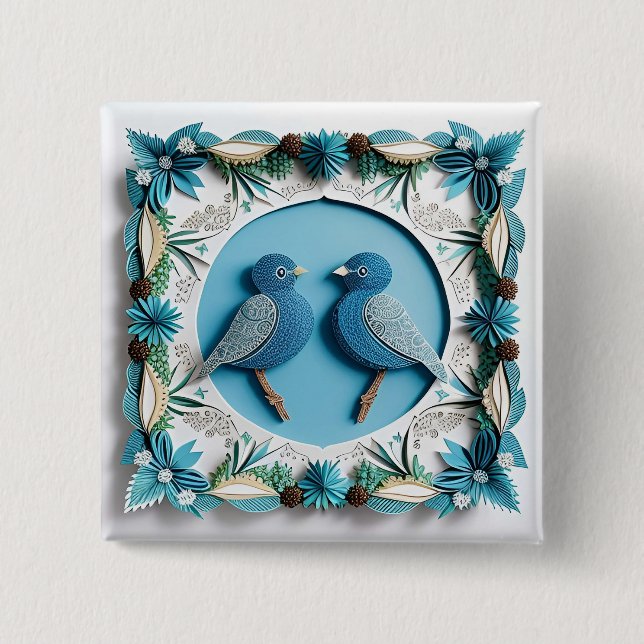 🪶 Blue Jay Bird Paper Art Gift Idea 🎁 2 Inch Square Button (Front)