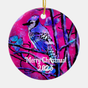 Blue Jay Bird Pink Abstract Art Personalized Ceramic Ornament