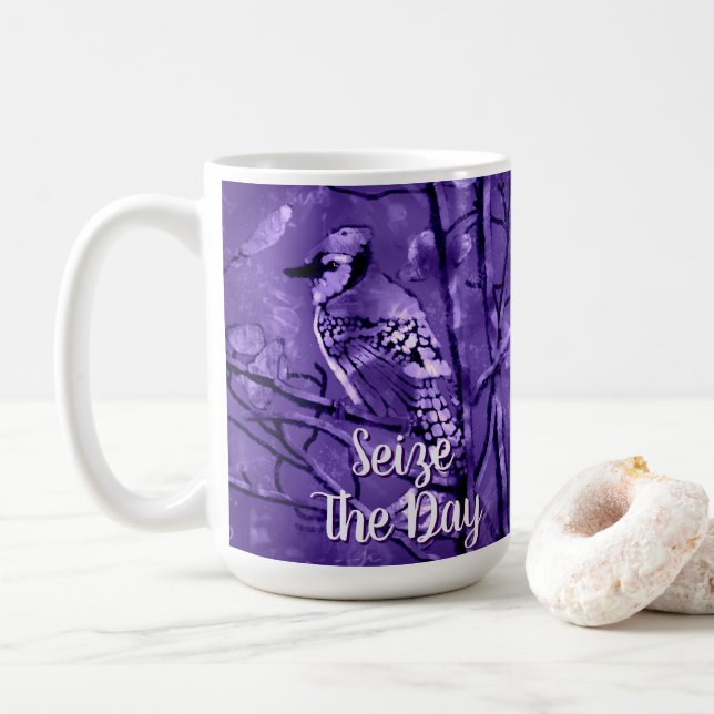 Blue Jay Bird Purple Abstract Art Personalized Coffee Mug (With Donut)