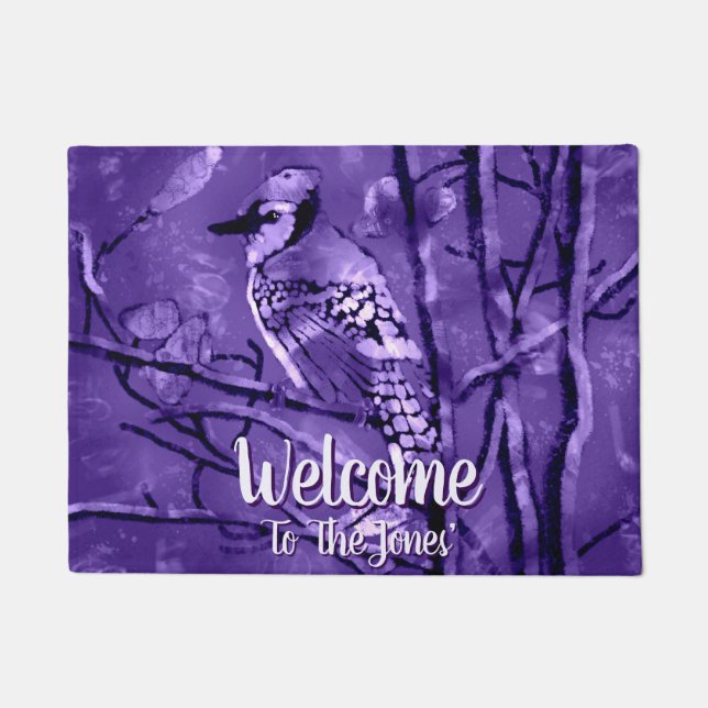 Blue Jay Bird Purple Abstract Art Personalized Doormat (Front)