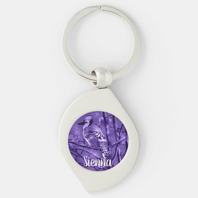 Blue Jay Bird Purple Abstract Art Personalized Keychain (Front)