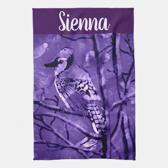 Blue Jay Bird Purple Abstract Art Personalized Kitchen Towel (Vertical)