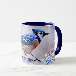 Blue Jay Bird Snowflake Winter Art Mug