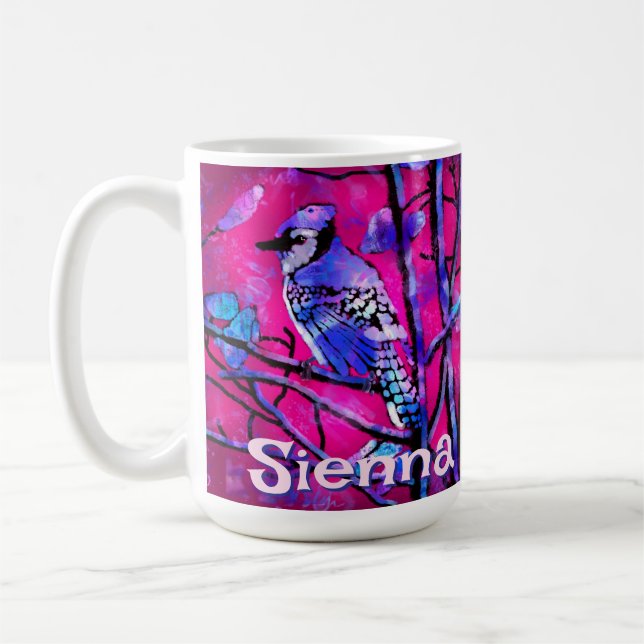 Blue Jay Bird Tree Branch Pink Personalized  Coffee Mug (Left)