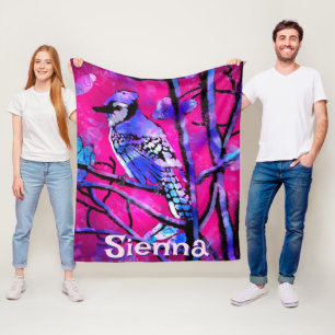 Blue Jay Bird Tree Branch Pink Personalized  Fleece Blanket
