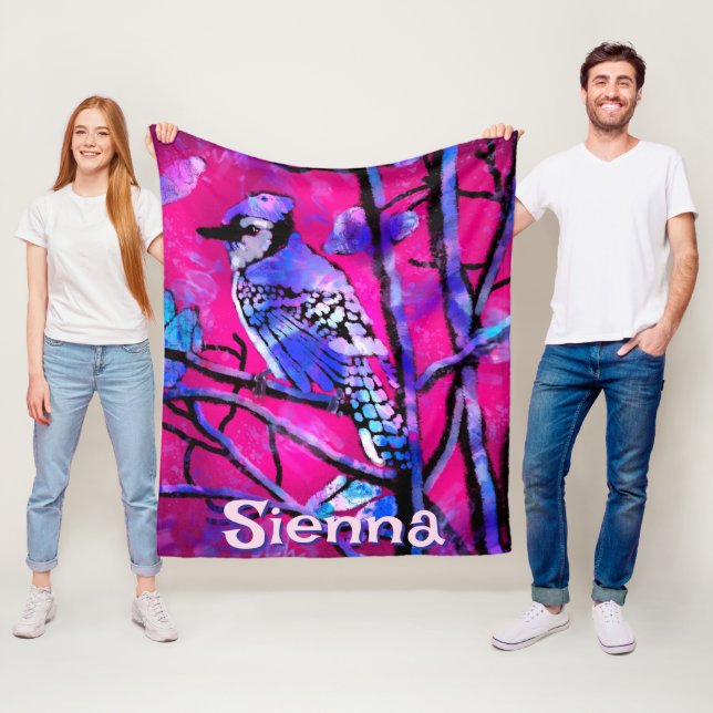 Blue Jay Bird Tree Branch Pink Personalized  Fleece Blanket (In Situ)