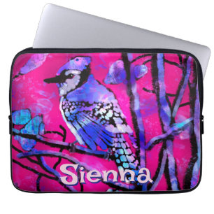 Blue Jay Bird Tree Branch Pink Personalized Laptop Sleeve