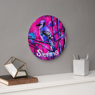 Blue Jay Bird Tree Branch Pink Personalized Large Clock