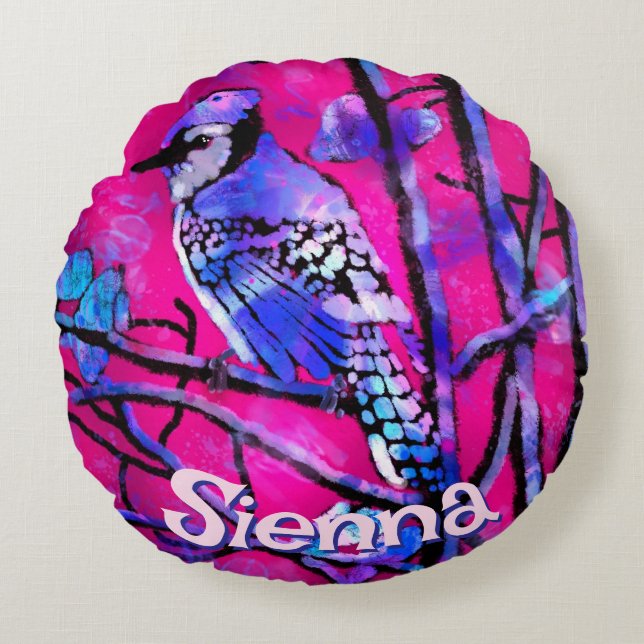 Blue Jay Bird Tree Branch Pink Personalized  Round Pillow (Front)