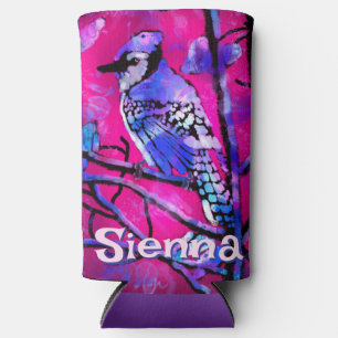 Blue Jay Bird Tree Branch Pink Personalized  Seltzer Can Cooler