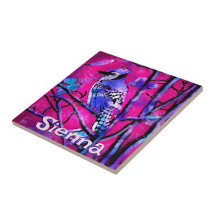 Blue Jay Bird Tree Branch Pink Personalized Tile