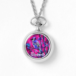 Blue Jay Bird Tree Branch Pink Personalized  Watch