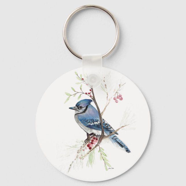 Blue Jay Bird Watercolor Art Keychain (Front)
