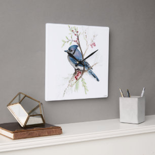 Blue Jay Bird Watercolor Art Square Wall Clock