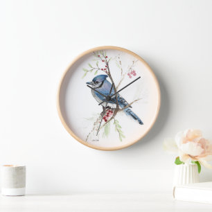 Blue Jay Bird Watercolor Wall Décor Clock