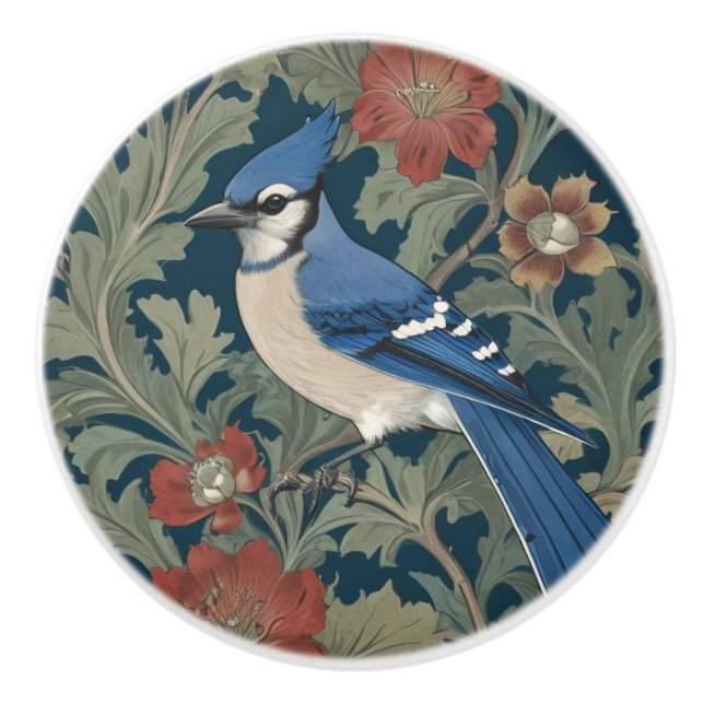 Blue jay Bird William Morris style Left BlueJay Ceramic Knob (Front)