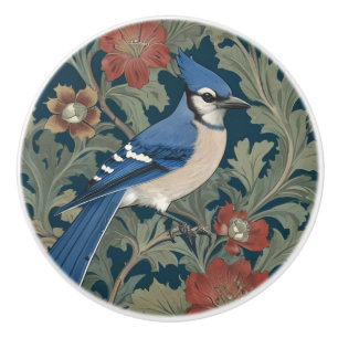 Blue jay Bird William Morris style Right BlueJay Ceramic Knob