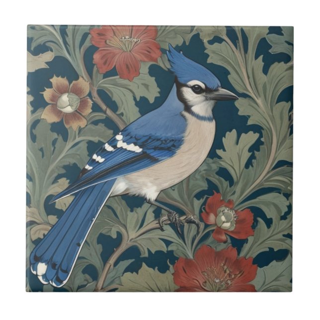 Blue jay Bird William Morris style Right BlueJay Tile (Front)
