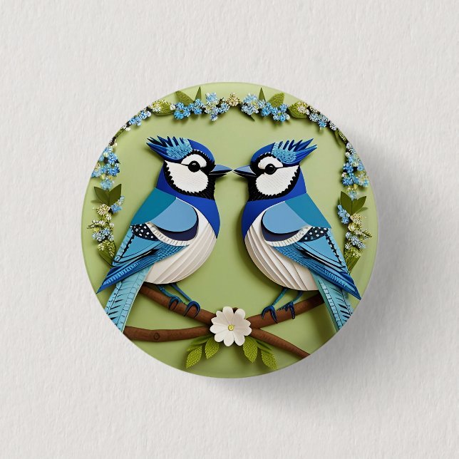 Blue Jay Birds Paper Art 1 Inch Round Button (Front)