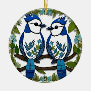 Blue Jay Birds Paper Art Ceramic Ornament