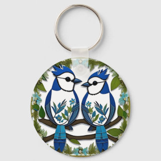Blue Jay Birds Paper Art Keychain