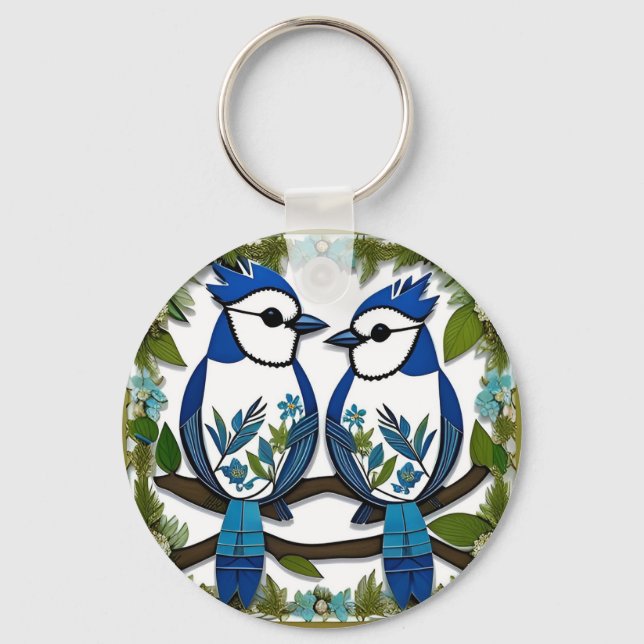 Blue Jay Birds Paper Art Keychain (Front)
