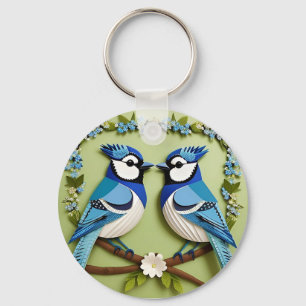 Blue Jay Birds Paper Art Keychain