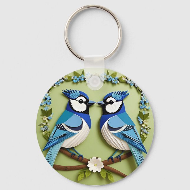 Blue Jay Birds Paper Art Keychain (Front)