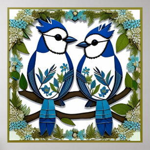 Blue Jay Birds Paper Art Poster