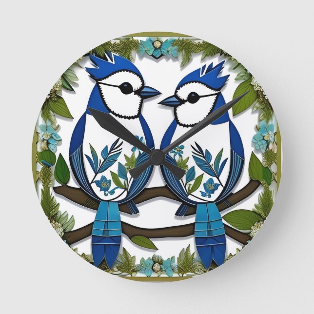 Blue Jay Birds Paper Art Round Clock (Front)