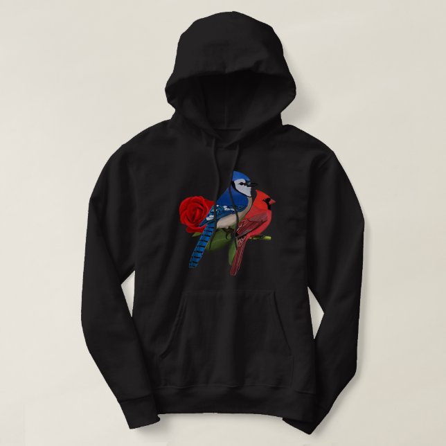 Blue Jay Cardinal Bird Valentine's Day Rose Birdlo Hoodie (Design Front)