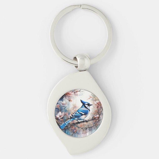 Blue Jay Cherry Blossoms watercolor Keychain (Front)