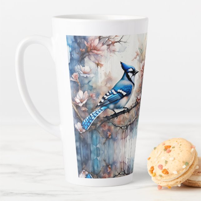 Blue Jay Cherry Blossoms watercolor Latte Mug (In Situ)